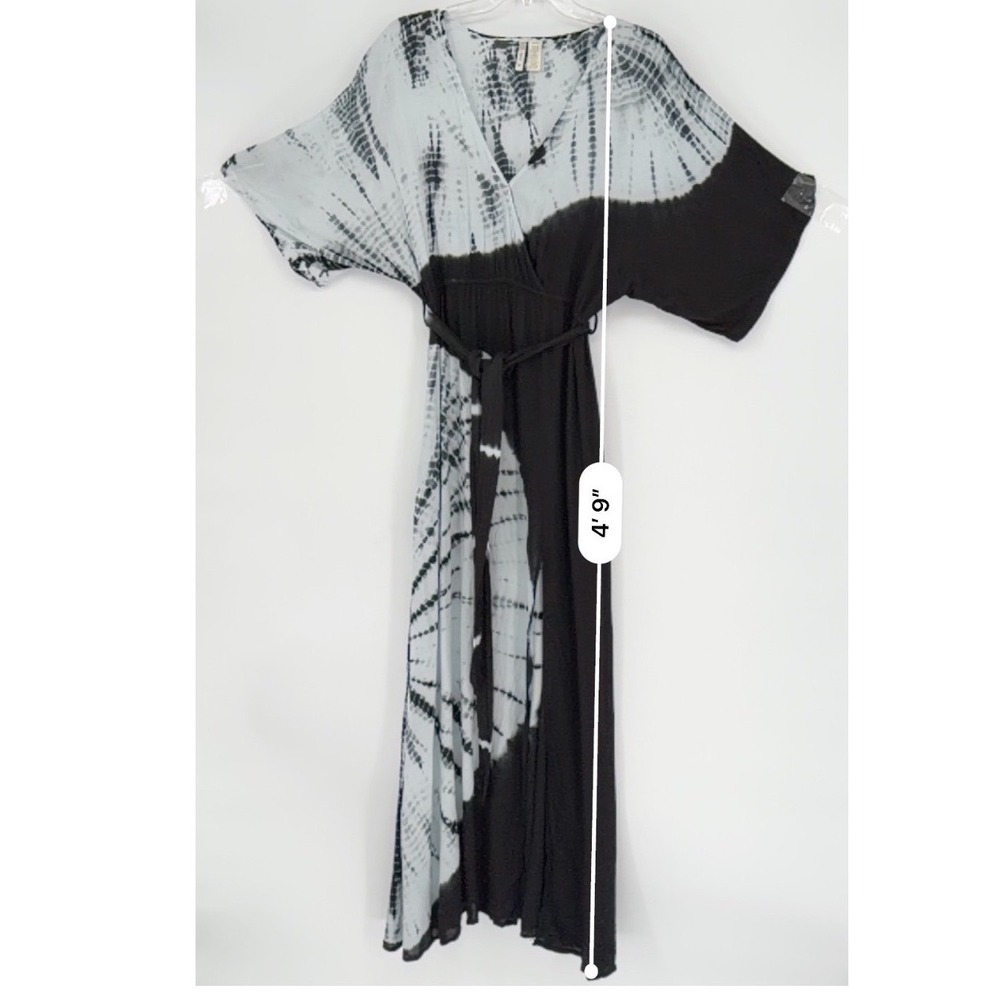 Japna Tie Dye Maxi Dress Kimono Sleeve Belted Boho Festival Black Gray M 101-00 - Picture 5 of 13